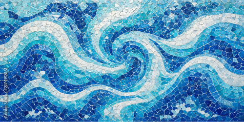Abstract mosaic art depicting ocean waves with swirls of blue and white glass tiles abstract background swirl pattern water surface maritime design decorative wall turquoise texture ocean theme