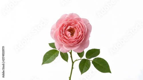 Close-up of a Pink Rose Blossom with Green Leaves on a White Background