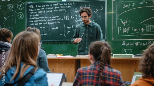 A male teacher stands in front of a green chalkboard explaining mathematics to students with mathematical formulas students explains complex mathematical students classroom glasses explains school