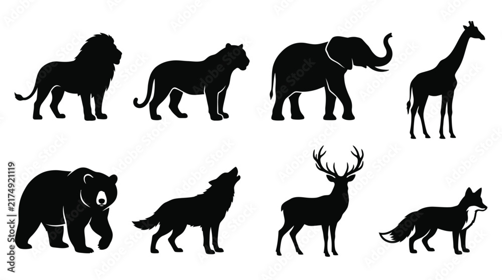 Fototapeta premium Wild Animal Black Silhouette Collection – Lion, Tiger, Elephant, Giraffe, Bear, Wolf, Deer and Fox Vector Set