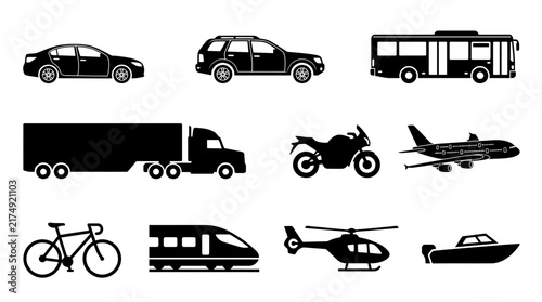 Transportation Black Silhouette Collection – Car, SUV, Bus, Truck, Motorcycle, Bicycle, Train, Airplane, Helicopter and Boat Vector Set