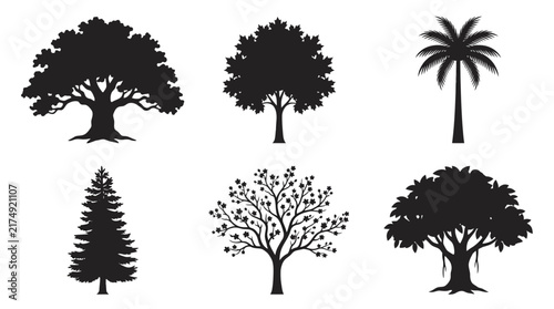 Tree Black Silhouette Collection – Oak, Maple, Palm, Pine, Cherry Blossom and Tropical Trees Vector Set