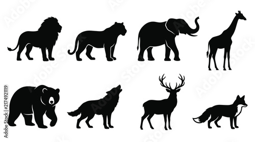 Wild Animal Black Silhouette Collection – Lion, Tiger, Elephant, Giraffe, Bear, Wolf, Deer and Fox Vector Set