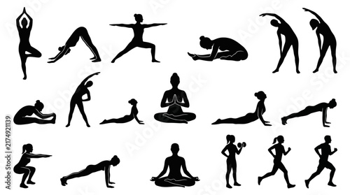 Yoga and Fitness Pose Black Silhouette Collection – Meditation, Stretching, Exercise, Running and Strength Training Vector Set
