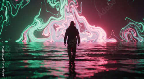 Person walking through illuminated fluid-like projection