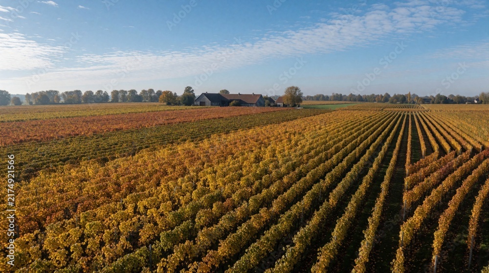 Naklejka premium Aerial view of a vineyard in autumn with colorful leaves in neat rows. Farm buildings are visible in distance under a clear blue sky with sparse clouds.