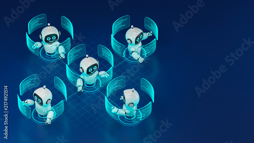 Tapety artystyczne AI agent robot workflow automation orchestrator artificial intelligence data coding icon flow process assistant technology futuristic 3d rendering.