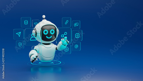 Tapety artystyczne AI agent robot workflow automation orchestrator artificial intelligence data coding icon flow process assistant technology futuristic 3d rendering.