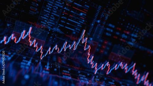Stock forex financial data document graph chart report statistic marketing research development planning management analysis accounting. Financial business technology hologram concept. 3d rendering.