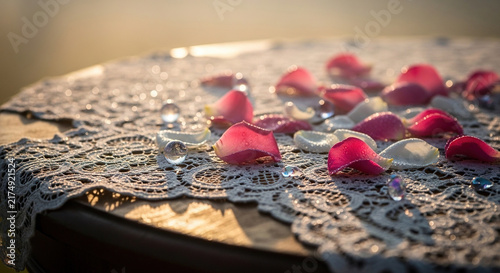 Delicate lace tablecloth with scattered rose petals in soft sunlight
