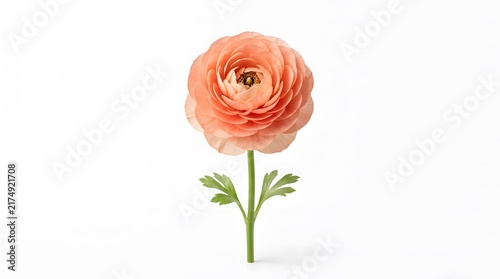 Close-up of a Pink Ranunculus Flower with Green Stem and Leaves