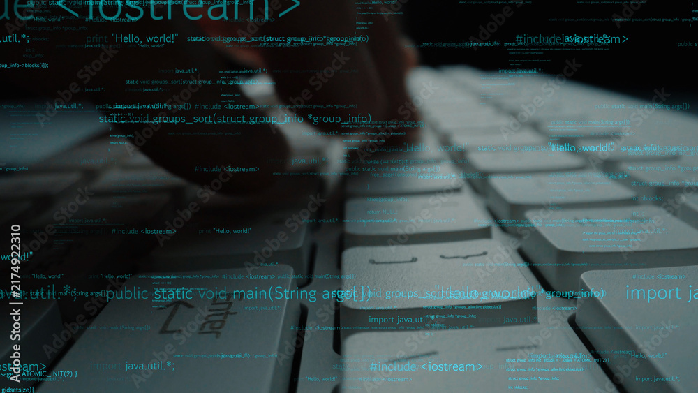Naklejka premium Captivating close-up of hands typing on a sleek computer keyboard, surrounded by coding overlays, symbolizing digital innovation and technology in action. Xenic