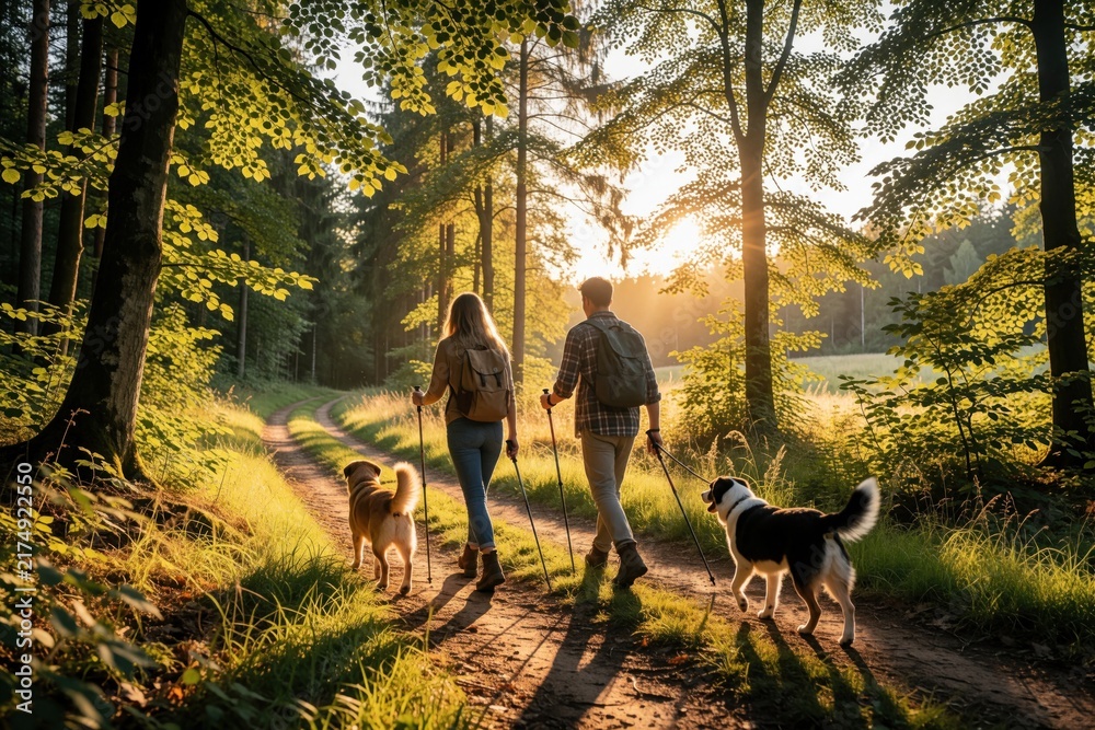 Fototapeta premium Young man, woman go nordic walking with two dogs on forest path. Active couple use trekking poles, backpacks for hiking adventure. Pets walk together during golden hour sunset in beautiful summer