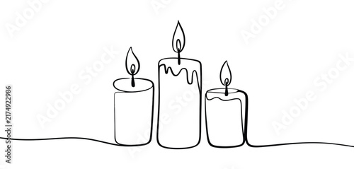 One line continuous three candle silhouette with burning flames for memorial ceremony, church tradition, spiritual rituals, and remembrance