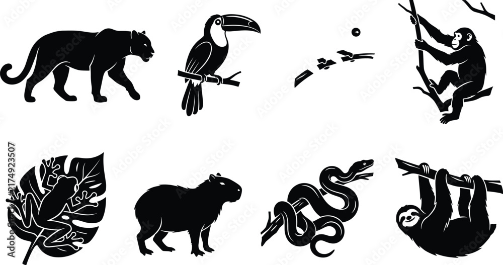 Obraz premium Jungle Animal Silhouette Vector Set Black Icons Rainforest Collection