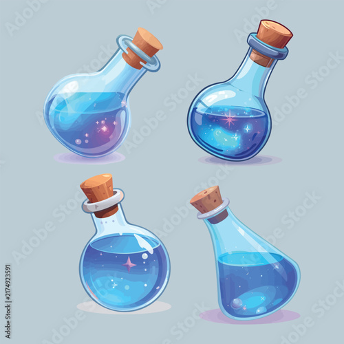 Glowing blue magic mana elixir bottles vector illustration set with sparkling light effects