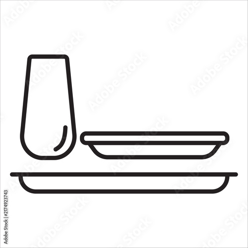 Serving tray with plate and glass outline vector icon