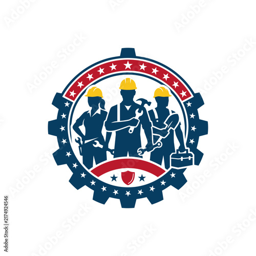 Skilled maintenance team silhouettes with tools in patriotic gear border emblem design art.