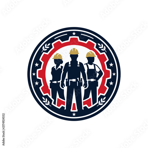 Skilled construction team circular emblem with blue workers and red gear wheel design frame.