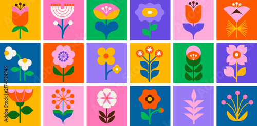 Modern flowers icons set in geometric flat style. Retro design with bright colorful floral elements. Scandinavian folk vector illustrations collection