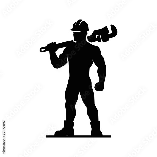 Strong muscular repairman silhouette holding large plumbing wrench isolated on transparent.