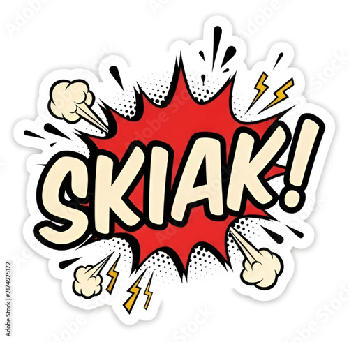 Comic book style speech bubble sticker with the word SKIAK in bold lettering with red explosion background and lightning bolt accents for pop art graphic design projects on transparent background