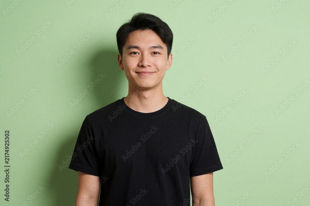 Obraz premium Young man smiles casually wearing black t-shirt. He stands against a plain pastel green studio backdrop, presenting a peaceful and confident demeanor. Easygoing pose for casual or tech-related themes.