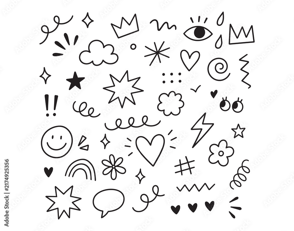 Obraz premium Hand drawn doodle outline icon collection with playful hearts, stars, clouds, eyes, crowns, swirls, speech bubbles, lightning, flowers, rainbow, sparkles, and decorative marks for cheerful design use