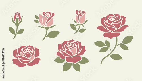 Beautiful collection of pink roses in various stages of bloom including buds and open flowers with green leaves on a light background.