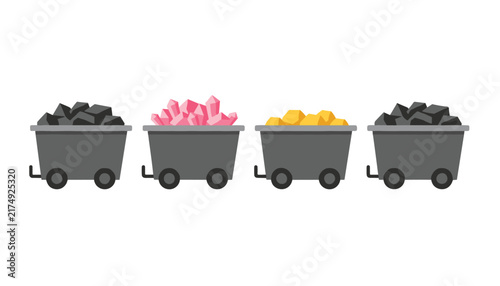 Series of four grey mining carts filled with different materials including coal, pink crystals, and gold nuggets, showing industrial mining.