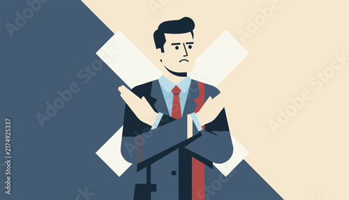 Serious businessman standing with his arms crossed in a defensive gesture to indicate refusal or rejection, set against a two-tone background.