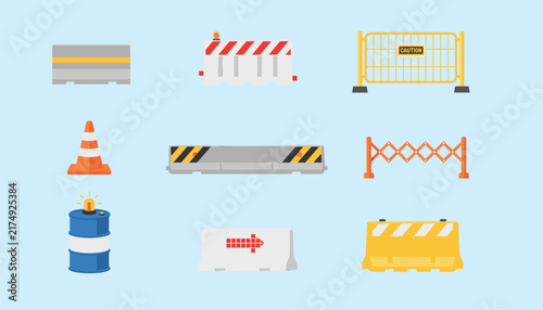 Comprehensive collection of various construction and road safety barriers including cones, barricades, and warning lights for traffic control.