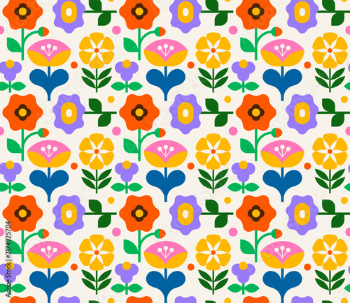 Geometric floral seamless pattern. Modern folk style flat design with bright colorful flowers. Decorative vector illustration and wallpaper background