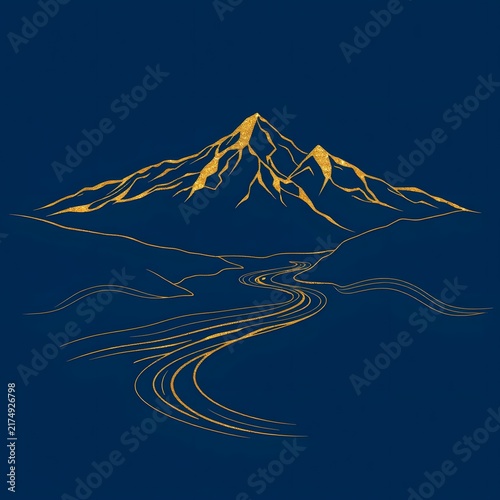 Golden mountain silhouette with flowing river