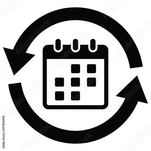 Black calendar icon surrounded by a circular arrow symbolizing recurring schedule and time management with calendar schedule recurring management