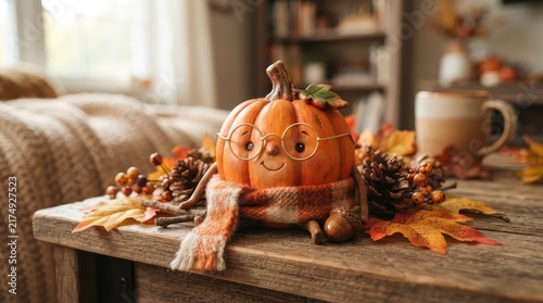 Cute pumpkin figurine with glasses and scarf