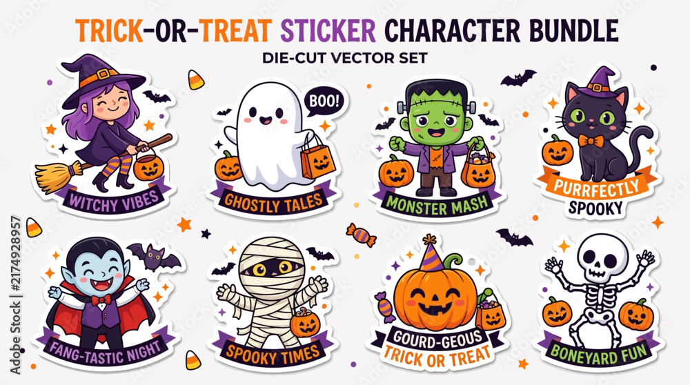 Fototapeta premium Cute Halloween Trick-or-Treat Sticker Characters for Kids and Celebrations