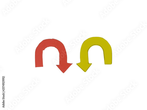 Quadro su tela Two u-shaped arrows pointing downwards, one red and one yellow, isolated on a wh