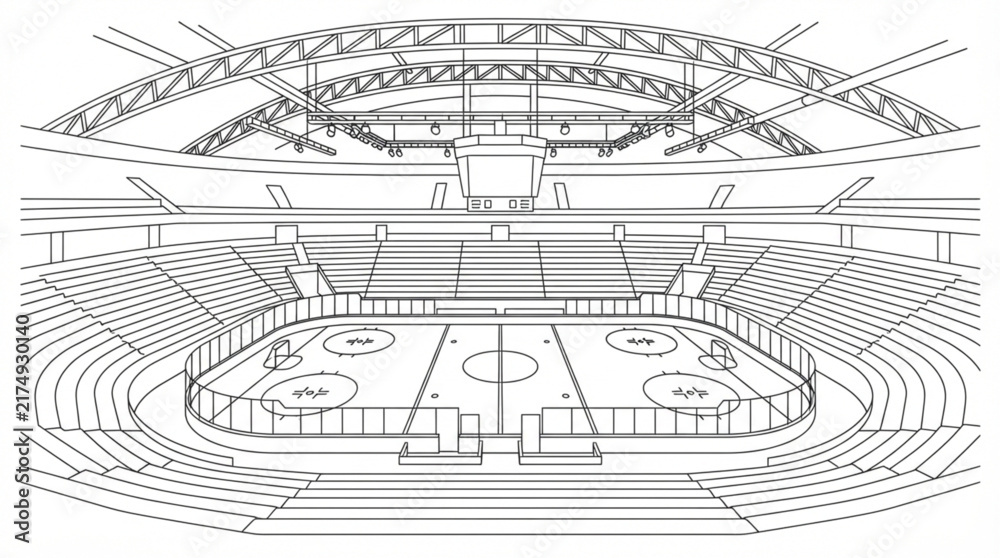 Obraz premium Ice hockey stadium coloring page with hanging lighting rig line art vector outline