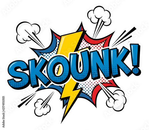 Retro comic book sound effect with SKOUNK text, vintage pop art explosion bubble, colorful superhero action graphic isolated on Transparent Background