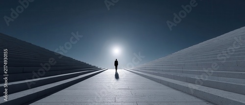 Hyper Realistic Portrayal Professional In Sharp Suit Confidently Walking Towards The Sun Symbolizing Career Growth Ambition.