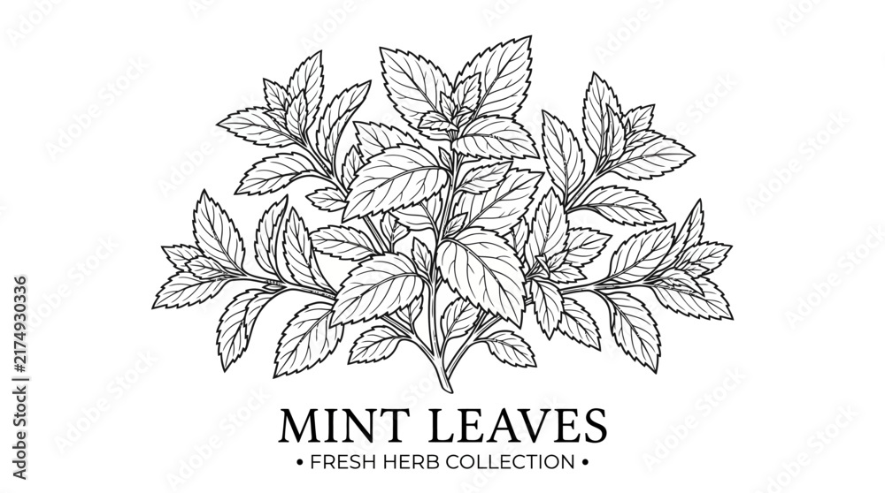 Obraz premium Very beautiful black and white realistic vector illustration of hand-drawn mint leaves with serrated edges and dense botanical foliage, MINT LEAVES • FRESH HERB COLLECTION, isolated on white backgroun