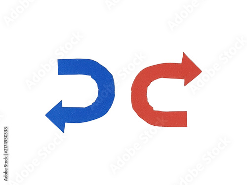 Принти на полотні Two u-turn arrows in blue and red colors, representing reversal or return, isola