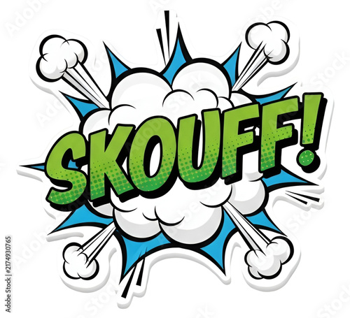 Retro comic book sound effect SKOUFF, vintage pop art explosion bubble, green halftone text on white cloud burst isolated on Transparent Background