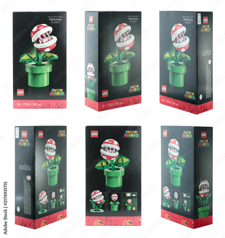 Fototapeta premium Packs set of a Lego construction created in collaboration with Nintendo, featuring a buildable Piranha Plant figure from Super Mario video game, isolated on transparent background