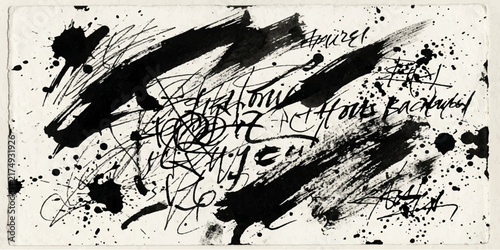 Expressive black ink calligraphy strokes and splatters on textured paper with brush strokes abstract art paper background modern art asian calligraphy ink wash