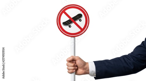 Hand in suit holding a no skateboarding prohibition sign