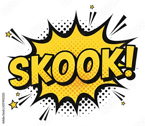 Comic book style SKOOK! sound effect, yellow pop art speech bubble with halftone dots, retro superhero explosion graphic isolated on Transparent Background