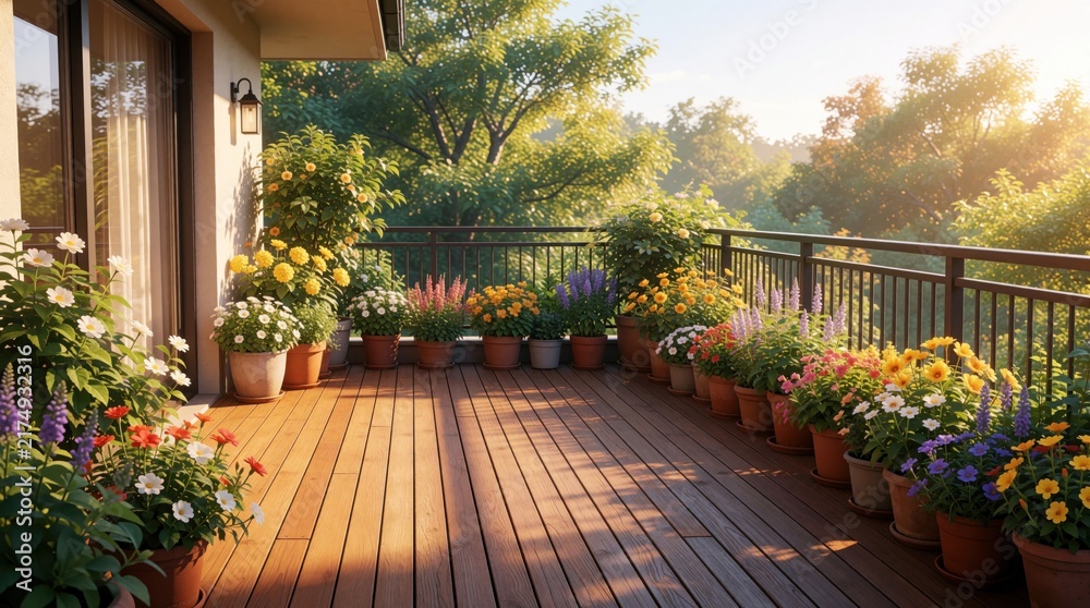 Obraz premium Sunlit balcony with potted flowers and wooden deck. Rich greenery and blooming plants create a peaceful outdoor space. Morning sun casts long shadows on the terrace.