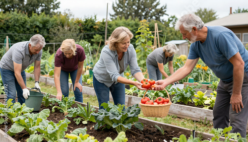 Community Gardeners Harvesting Tomatoes Together: Eco-Friendly Lifestyle